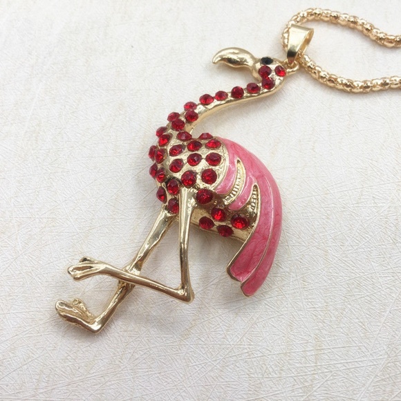 New Red Flamingo Bird Crystal Enamel Long Necklace - Picture 4 of 5